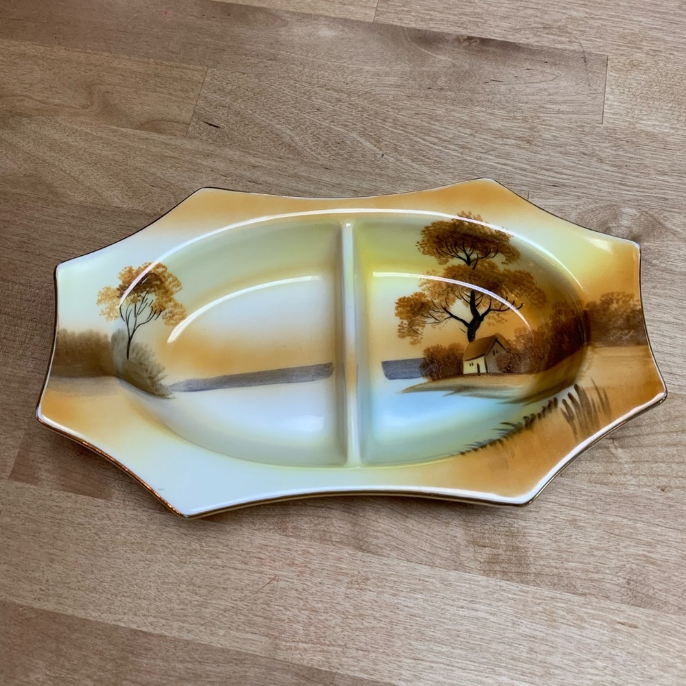 Handpainted Noritake divided relish dish TREE IN MEADOW fall decor, candy, nuts
